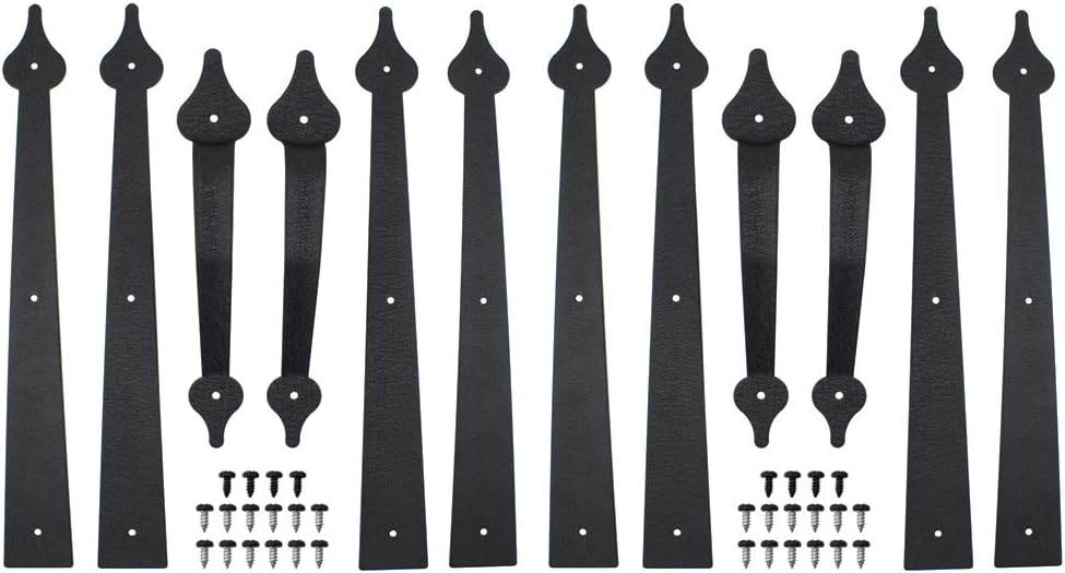 WINSOON Decorative Metal Garage Door Hardware - Screw-in Carriage House Accents, Dummy Hinges, Handles - Black Steel Barn Gate Decor Kit for 2 Car