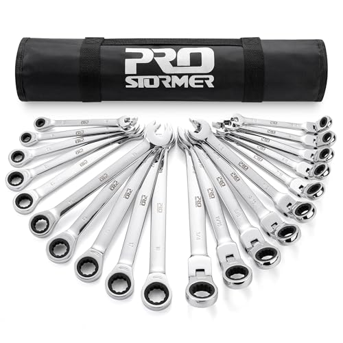 Prostormer Ratcheting Combination Wrench Set, 20-Piece SAE & Metric Wrench Kit with Pouch, 72-Tooth, Cr-V Steel, 10Pcs Flex-Head 1/4" to 3/4" & 10Pcs Fixed Head 6-18mm
