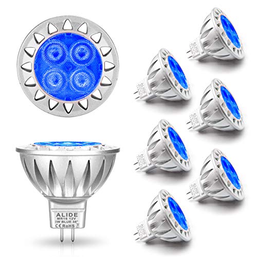 ALIDE MR16 GU5.3 Blue Led Bulbs 5W,20W 35W 50W Halogen Equiv,Low Voltage 12V MR16 Blue Color Bulb Spotlights for Outdoor Landscape Flood Yard Garden Tree Pool Step Lighting,Not Dimmable,38 Deg,6 Pack