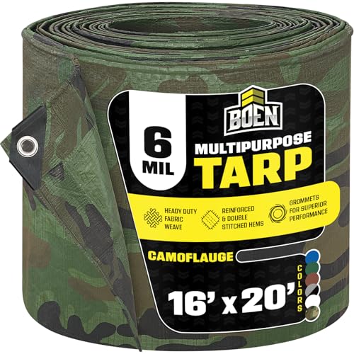Multi-Purpose Large Tarp Waterproof Cover | Camo, 16' x 20' 6 Mil Thick | Rip Proof Tarps | Thick Weave Material, UV Resistant Great for Tarpaulin Canopy Tent, Boat, RV or Pool Cover