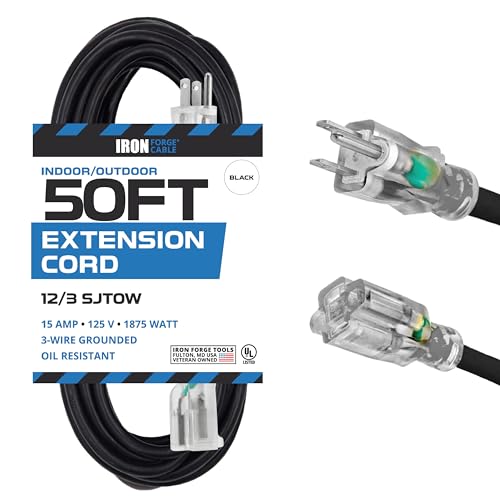 Iron Forge Cable Oil Resistant 12 Gauge Extension Cord 50 ft, 12/3 SJTOW 50 Foot Heavy Duty Extension Cord Outdoor 3 Prong, 15 Amp Power Cable Black Great for Major Appliance, Farms & Ranches