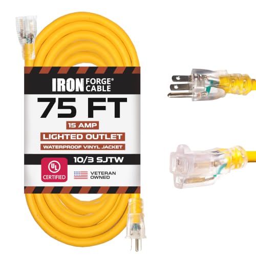 Iron Forge Cable Outdoor Extension Cord 75 Ft - 10 Gauge Heavy Duty Extension Cord, 15 AMP, 10/3 Yellow Power Cable SJTW Weatherproof with 3 Prong