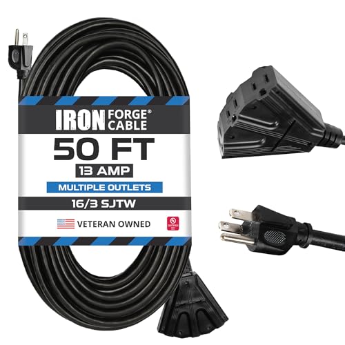 Iron Forge Cable 50 Ft Black Extension Cord with 3 Outlets - 16/3 SJTW 50 Foot Extension Cord 3 Prong, Weatherproof Exterior Power Cable for Outdoor