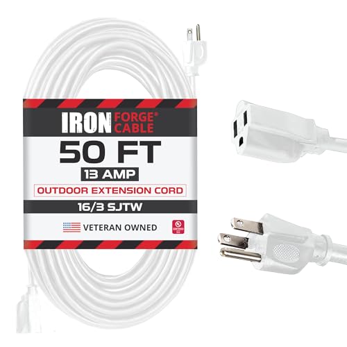 Iron Forge Cable Weatherproof 50 Ft Outdoor Extension Cord - 16/3 SJTW Heavy Duty White Extension Cord 3 Prong - 13 Amp Exterior Power Cable