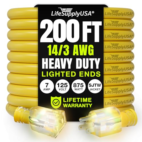 200ft Outdoor/Indoor Extension Cord 14/3 Gauge Heavy Duty 3 Prong SJTW, Waterproof, Flexible Cold-Resistant Long Power Cord,7A 125V 875W, Yellow by LifeSupplyUSA