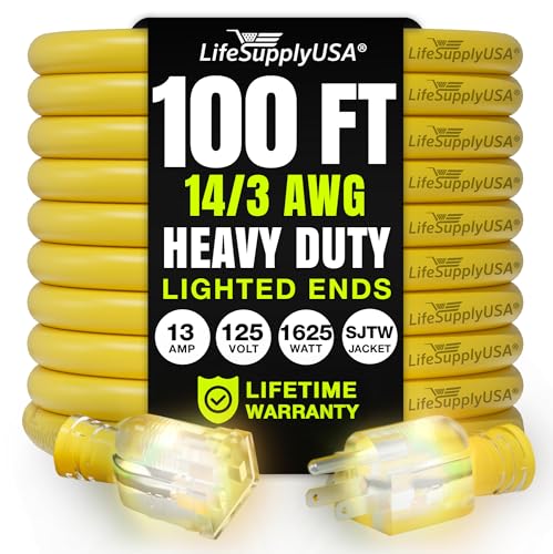 100ft Outdoor/Indoor Extension Cord 14/3 Gauge Heavy Duty 3 Prong SJTW, Waterproof, Flexible Cold-Resistant Long Power Cord,13A 125V 1625W, Yellow by LifeSupplyUSA
