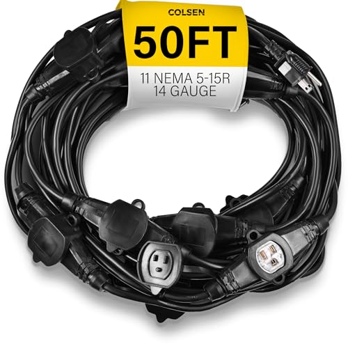 COLSEN Extension Cord with Multiple Outlets  50 ft Heavy Duty 16 Gauge Power SJTW Cable, 15 Amp 3 Prong 11 NEMA Multi Plug, 14 AWG Male to Female Connector, 5-15R Female Socket, Outdoor/Indoor Black