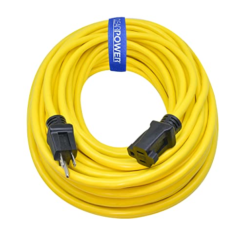 Clear Power 100 ft 12/3 SJTW Heavy Duty Outdoor Extension Cord, Water & Weather Resistant, Flame Retardant, Yellow, 3 Prong Grounded Plug, CP10146