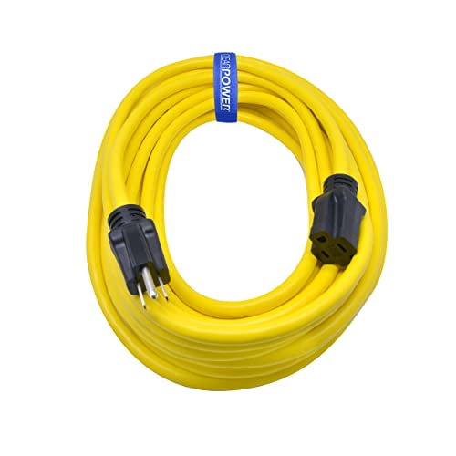 Clear Power 50 ft 12/3 SJTW Heavy Duty Outdoor Extension Cord, Water & Weather Resistant, Flame Retardant, Yellow, 3 Prong Grounded Plug, CP10145