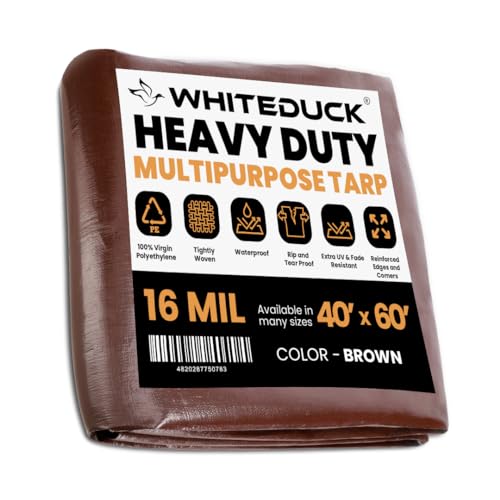 WHITEDUCK Super Heavy Duty Poly Tarp Cover 16 Mil & 10 Mil with Grommets and Reinforced Edges (Brown, White & Silver Black) (Brown- 16 Mil, 40' x 60')