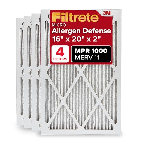 Filtrete 16x20x2 AC Furnace Air Filter, MERV 11, MPR 1000, Allergen Defense, 3-Month Pleated 2-Inch Electrostatic Air Cleaning Filter, 4 Pack (Actual Size 15.5 x 19.5 x 1.75 in)