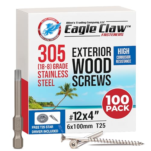 #12 x 4 Inch Stainless Steel Deck Screws | 305 Grade (100 Pack) | Flat Head T25 Star Torx Drive | Stainless Steel Screws by Eagle Claw Fasteners | Corrosion & Rust Resistant (Includes Driver Bit)