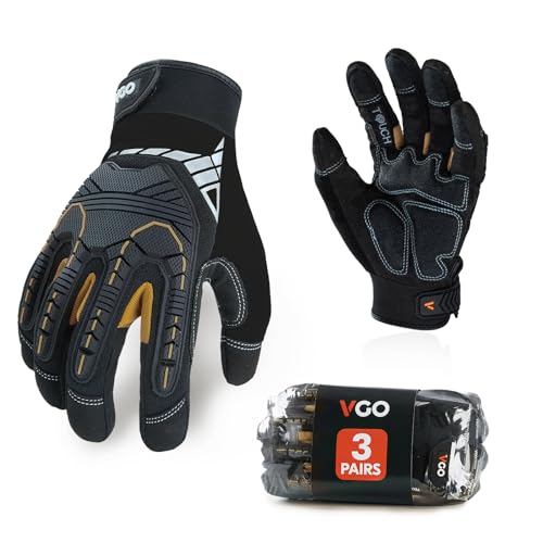 Vgo... 3-Pairs Heavy Duty Synthetic Leather Work Gloves, Impact Protection Mechanic Gloves, Rigger Gloves,Vibration Reduction, Touchscreen Capable (Size M, Black&Gold, SL8849)