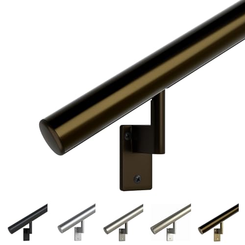 Promenaid 1.5ft Flush Handrail Kit - Architectural Bronze - Complete Indoor/Outdoor Handrail for Stairs - 1.6" Round Anodized Aluminum Railing with 2 Bronze Painted Wall Brackets & Endcaps