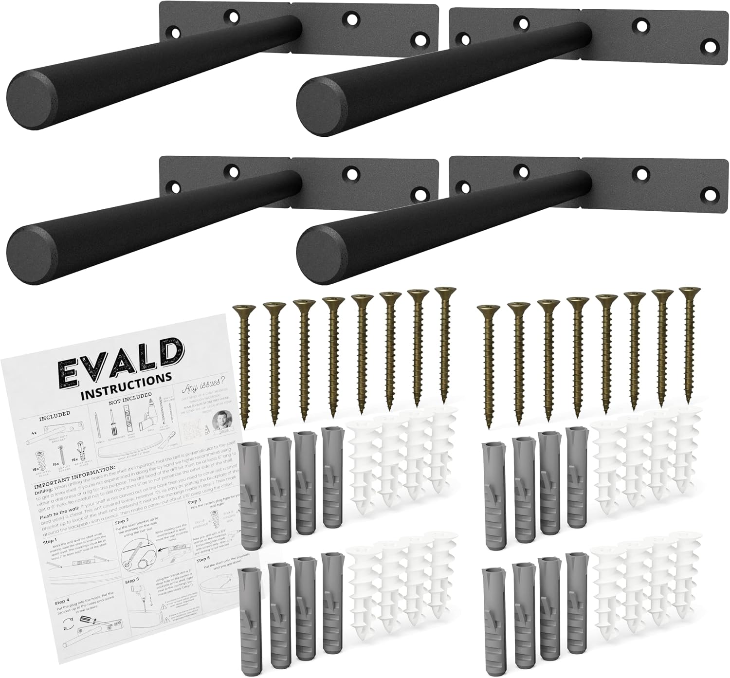 EVALD Heavy Duty Floating Shelf Bracket | 8-Inch Floating Mantel Mount, Blind Shelf Supports, and Anchors | Floating Shelf Hardware for Home and Office Decor | Fireplace Mantel Brackets (4 Pack)