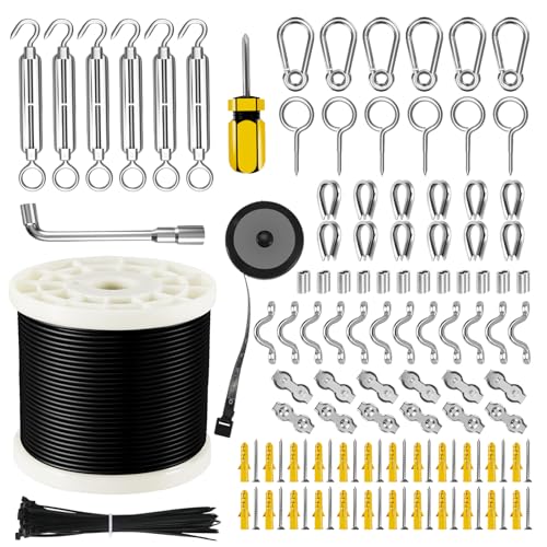 WAYSKA String Light Hanging Kit with 250FT Nylon Coated Stainless Steel 304 Wire Rope Cable