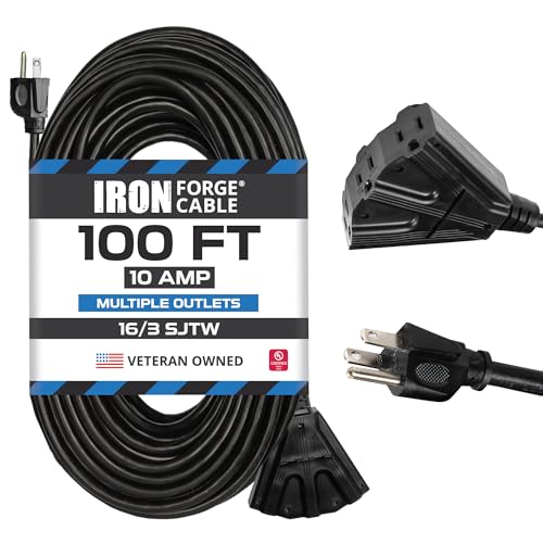 Iron Forge Cable 100 Ft Black Extension Cord with 3 Outlets - 16/3 SJTW 100 Foot Extension Cord 3 Prong, Weatherproof Exterior Power Cable for Outdoor