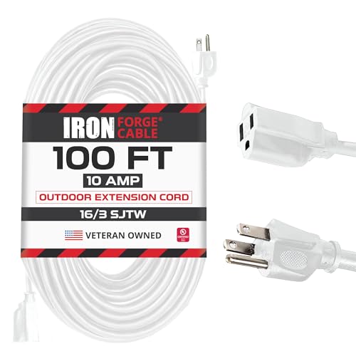 Iron Forge Cable Weatherproof 100 Ft Outdoor Extension Cord - 16/3 SJTW Heavy Duty White Extension Cord 3 Prong - 13 Amp Exterior Power Cable