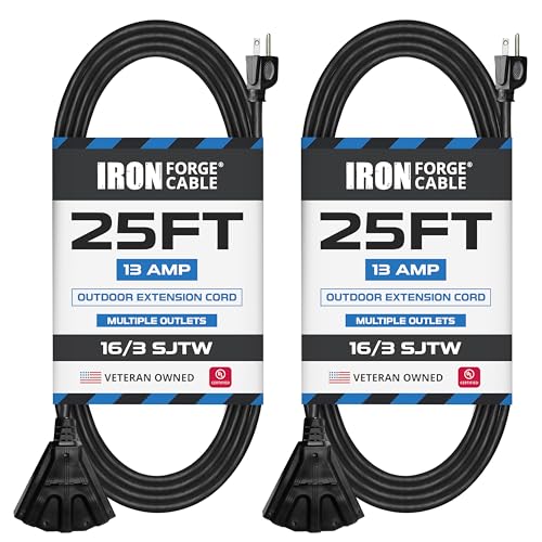 Iron Forge Cable 2 Pack 25 Ft Black Extension Cord with 3 Outlets - 16/3 SJTW 25 Foot Extension Cord 3 Prong, Weatherproof Power Cable for Outdoor