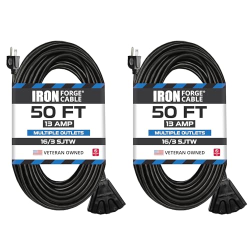 Iron Forge Cable 2 Pack 50 Ft Black Extension Cord with 3 Outlets - 16/3 SJTW 50 Foot Extension Cord 3 Prong, Weatherproof Power Cable for Outdoor