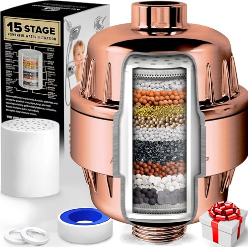 AquaHomeGroup 15 Stage Shower Filter with Vitamin C for Hard Water - High Output Shower Water Filter to Remove Chlorine and Fluoride - 2 Cartridges Included -Consistent Water Flow Showerhead Filter