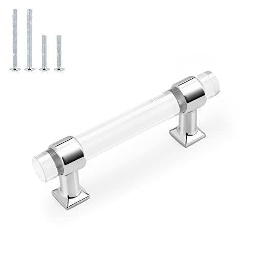 Probrico 15 Pack Kitchen Cabinet Handles 3 Inch Hole Center Cabinet Pulls, Polished Chrome Zinc Alloy with Clear Acrylic Cabinet Knobs for Kirtchen and Bathroom Cabinets