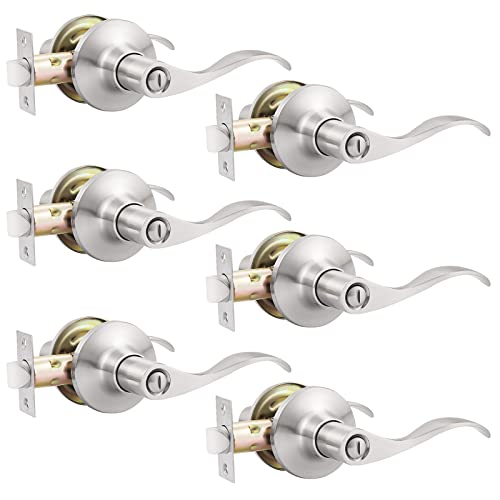GOBEKOR 6 Pack Privacy Door Levers Interior Door Handles Brushed Nickel Lever Handles Keyless Modern Wave Levers for Bedroom and Bedroom