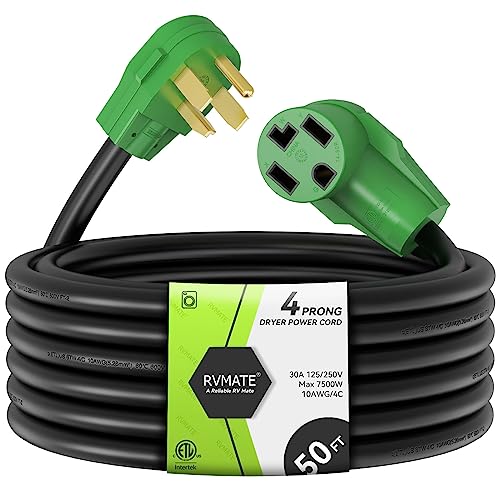 RVMATE 4 Prong Dryer Extension Cord 50 Feet, 30 Amp NEMA 14-30P to 14-30R 125V/250V Waterproof PVC Jacket, Perfect for Dryer Power Extension, ETL Listed