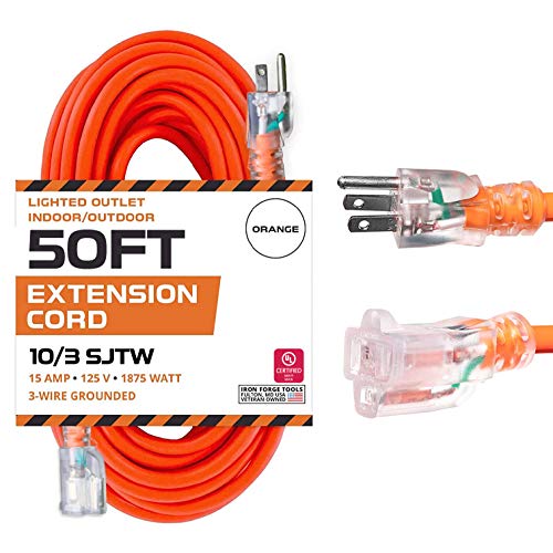 Iron Forge Cable Lighted Outdoor Extension Cord 50 Ft - 10 Gauge Heavy Duty Extension Cord, 15 AMP, 10/3 Orange Power Cable SJTW Weatherproof 3 Prong