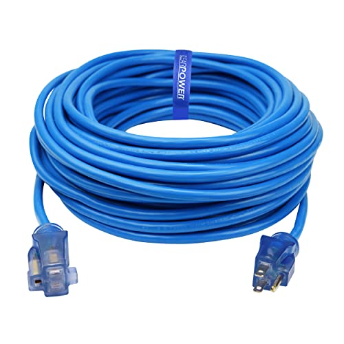 Clear Power Heavy Duty Outdoor Extension Cord - 100 FT, Blue | for Extreme Cold Weather -50C, 16/3 SJTW, 3 Prong Grounded Plug, with Power Indicator Light (CP10075)