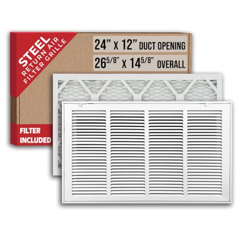 Fits 24x12 Duct Opening | Filter Included Steel Return Air Filter Grille by Handua [Removable Door] for 1-inch Filters | Vent Cover Filter Grill | White | Outer Dimensions: 26 5/8"W X 14 5/8"H