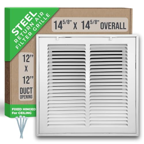 Fits 12x12 Duct Opening | Steel Return Air Filter Grille by Handua [Fixed Hinged] for 1-inch Filters | Vent Cover Grill for Sidewall and Ceiling | White | Outer Dimensions: 14 5/8"W X 14 5/8"H
