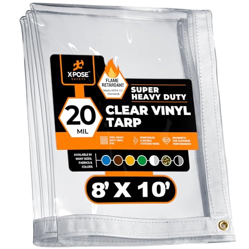 8' x 10' Clear Vinyl Tarp - Fire Retardant 20 Mil Super Heavy Duty Transparent Waterproof PVC Tarpaulin with Brass Grommets - for Patio Enclosure, Temporary Wall, Multipurpose - by Xpose Safety