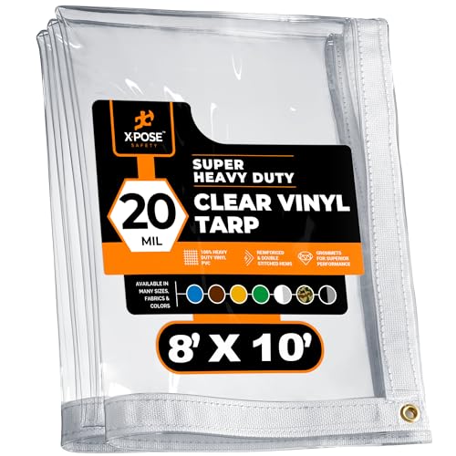8' x 10' Clear Vinyl Tarp - Super Heavy Duty 20 Mil Transparent Waterproof PVC Tarpaulin with Brass Grommets - for Patio Enclosure, Camping, Outdoor Tent Cover, Porch Canopy - by Xpose Safety