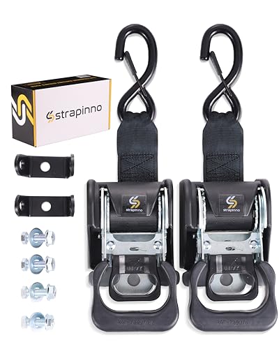 Strapinno 2PCS Retractable Ratchet Straps (1 7/8 in x 4 ft) Heavy Duty Transom Tie Downs for Boat, PWC Trailer - Extra Mounting Brackets & Bolt Set,Safety Latch S-Hook,Break Strength 2,600LBS/1,180KG