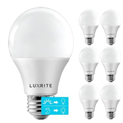 LUXRITE A19 LED Dusk to Dawn Light Bulbs Outdoor Lighting, 60 Watt Equivalent, Enclosed Fixture Rated, Automatic On Off Sensor, 3000K Soft White, 800 Lumens, Damp Rated, E26 Base (6 Pack)
