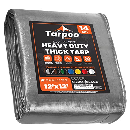 Tarpco Safety Extra Heavy Duty 14 Mil Tarp Cover, Waterproof, UV Resistant, Rip and Tear Proof, Poly Tarpaulin with Reinforced Edges for Roof, Camping, Patio, Pool, Boat (Silver/Black 12 X 12)