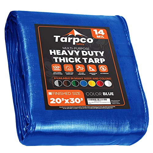 Tarpco Safety Extra Heavy Duty 14 Mil Tarp Cover, Waterproof, UV Resistant, Rip and Tear Proof, Poly Tarpaulin with Reinforced Edges for Roof, Camping, Patio, Pool, Boat (Blue 20 X 30)