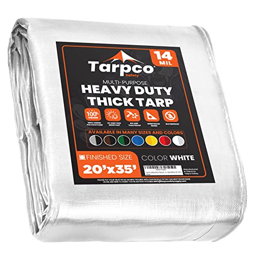 Tarpco Safety Extra Heavy Duty 14 Mil Tarp Cover, Waterproof, UV Resistant, Rip and Tear Proof, Poly Tarpaulin with Reinforced Edges for Roof, Camping, Patio, Pool, Boat (White 20 X 35)