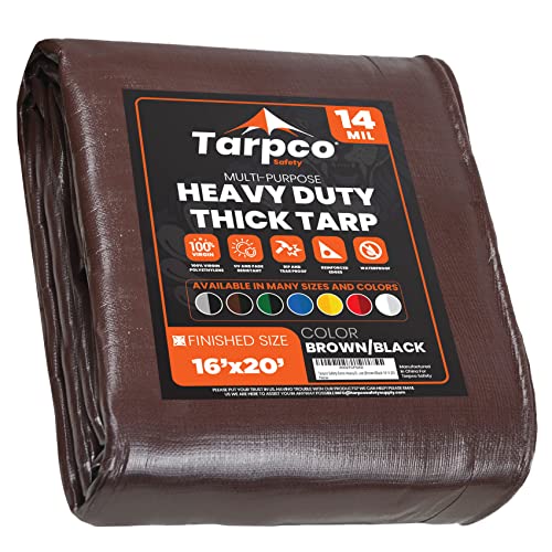 Tarpco Safety Extra Heavy Duty 14 Mil Tarp Cover, Waterproof, UV Resistant, Rip and Tear Proof, Poly Tarpaulin with Reinforced Edges for Roof, Camping, Patio, Pool, Boat (Brown/Black 16 X 20)