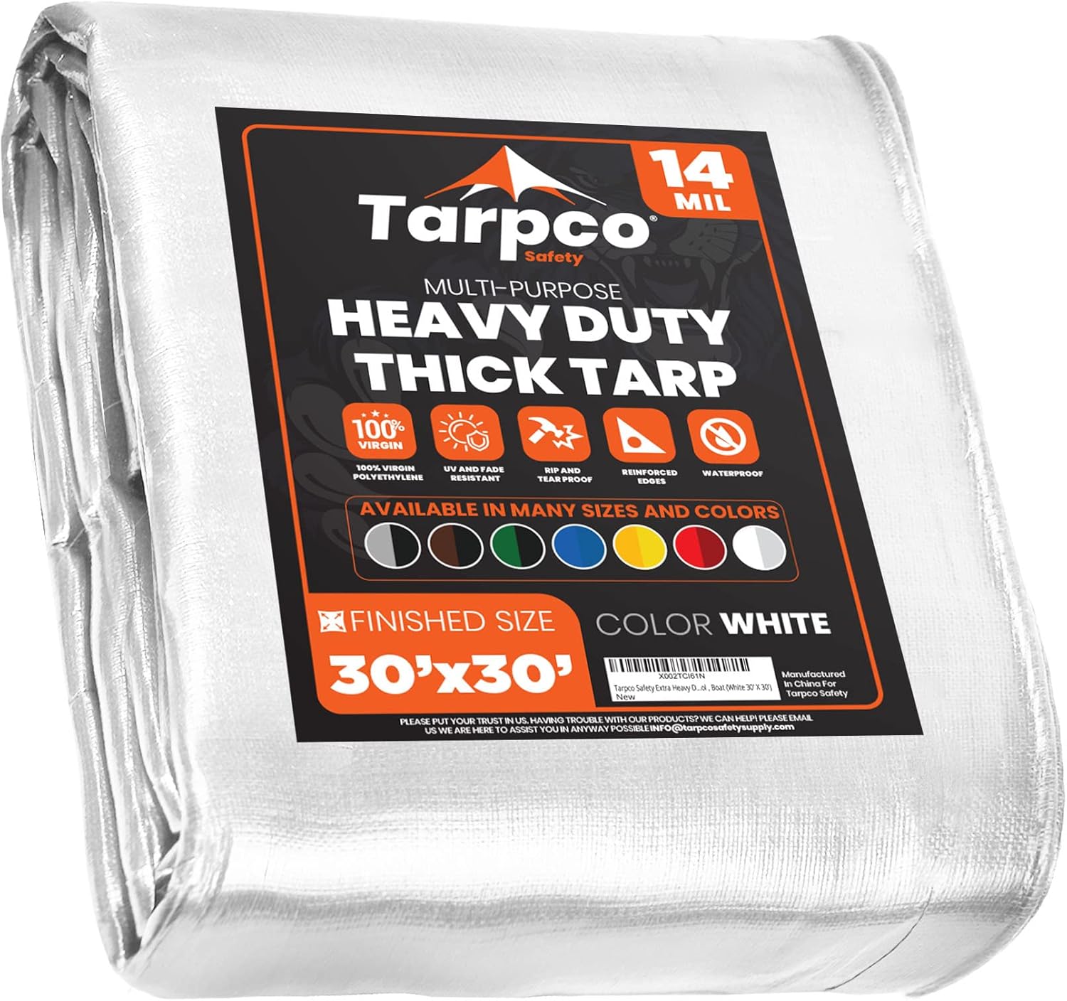 Tarpco Safety Extra Heavy Duty 14 Mil Tarp Cover, Waterproof, UV Resistant, Rip and Tear Proof, Poly Tarpaulin with Reinforced Edges for Roof, Camping, Patio, Pool, Boat (White 30 X 30)