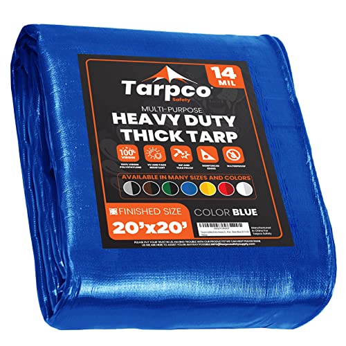 Tarpco Safety Extra Heavy Duty 14 Mil Tarp Cover, Waterproof, UV Resistant, Rip and Tear Proof, Poly Tarpaulin with Reinforced Edges for Roof, Camping, Patio, Pool, Boat (Blue 20 X 20)