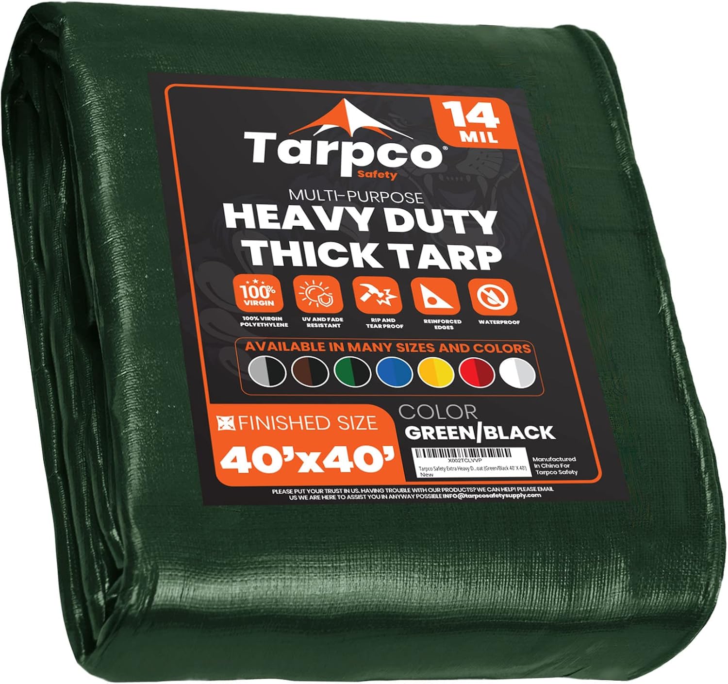 Tarpco Safety Extra Heavy Duty 14 Mil Tarp Cover, Waterproof, UV Resistant, Rip and Tear Proof, Poly Tarpaulin with Reinforced Edges for Roof, Camping, Patio, Pool, Boat (Green/Black 40 X 40)