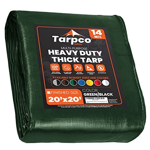 Tarpco Safety Extra Heavy Duty 14 Mil Tarp Cover, Waterproof, UV Resistant, Rip and Tear Proof, Poly Tarpaulin with Reinforced Edges for Roof, Camping, Patio, Pool, Boat (Green/Black 20 X 20)