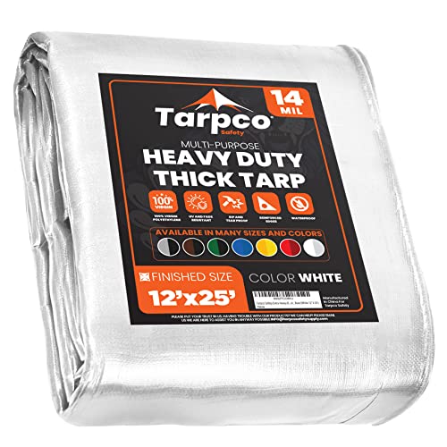 Tarpco Safety Extra Heavy Duty 14 Mil Tarp Cover, Waterproof, UV Resistant, Rip and Tear Proof, Poly Tarpaulin with Reinforced Edges for Roof, Camping, Patio, Pool, Boat (White 12 X 25)