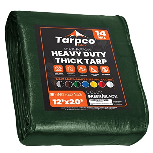Tarpco Safety Extra Heavy Duty 14 Mil Tarp Cover, Waterproof, UV Resistant, Rip and Tear Proof, Poly Tarpaulin with Reinforced Edges for Roof, Camping, Patio, Pool, Boat (Green/Black 12 X 20)