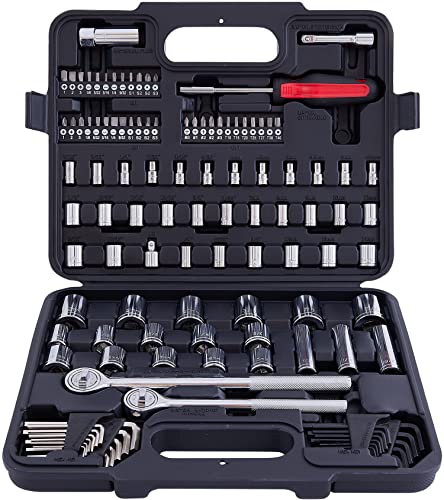 120 Piece Socket Set, 1/2, 3/8 & 1/4 Inch Drive Mechanic Tool Kit Metric & Standard Sockets