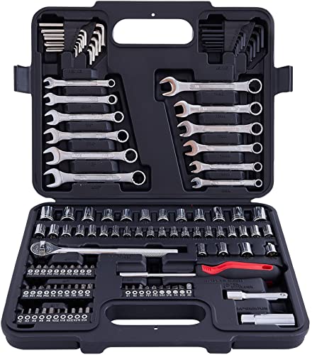 121 Piece Mechanic Tool Set, 1/4 & 3/8 Inch Drive Metric & Standard Socket Wrench Kit, for General, Home, Car, Mechanics, Automotive Repair Tool Kit and as A Gift