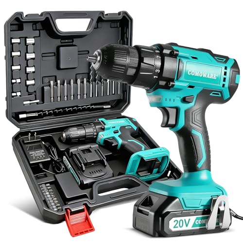 COMOWARE 20V Cordless Drill, Electric Power Drill Set with 1 Battery & Charger, 3/8 Keyless Chuck, 2 Variable Speed, 266 In-lb Torque, 25+1 Position and 34pcs Drill/Driver Bits