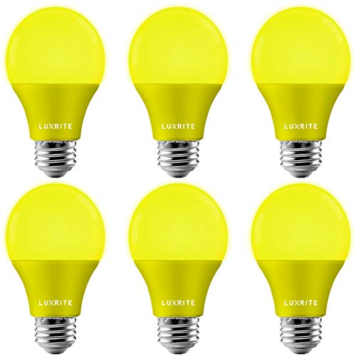 LUXRITE A19 Yellow LED Bug Light Bulbs, 60W Equivalent, Non-Dimmable, UL Listed, E26 Standard Base, Indoor Outdoor, Porch, Deck, Patio, Backyard, Front Door, Home Lighting (6 Pack)